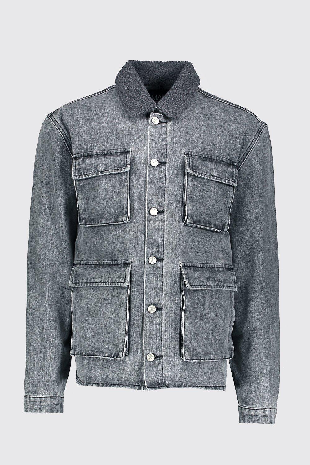 Grey denim jacket borg collar store